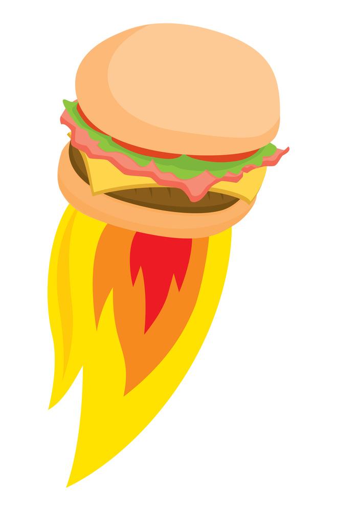 Cartoon illustration of tasty burger blasting off in flames