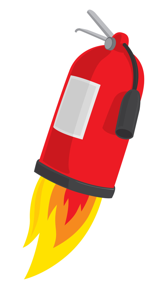 Cartoon illustration of fire extinguisher blasting off in flames
