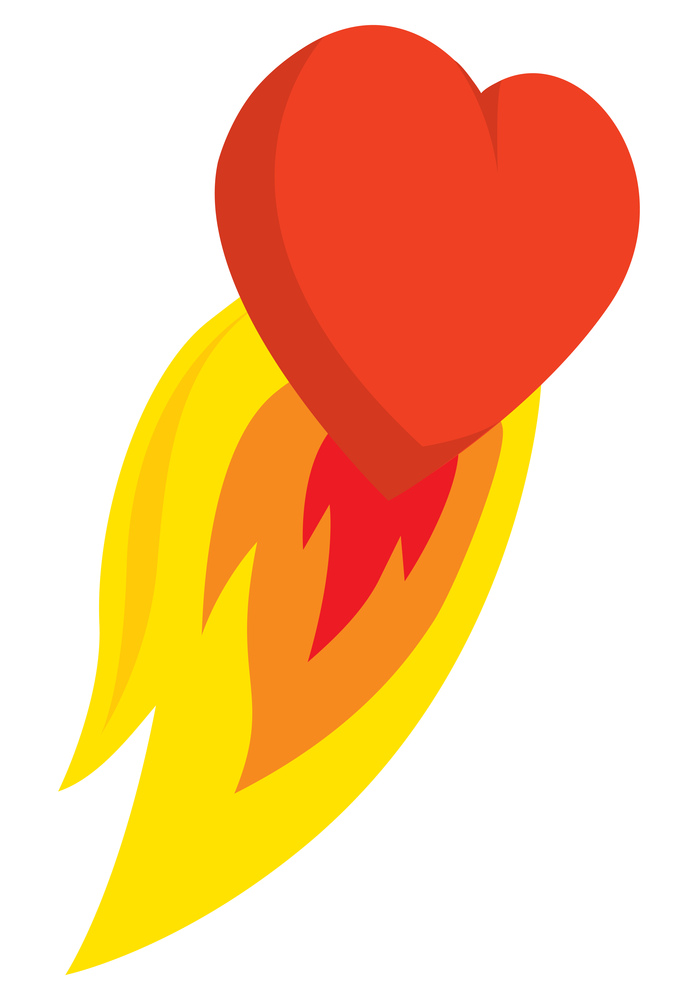 Cartoon illustration of burning heart blasting off