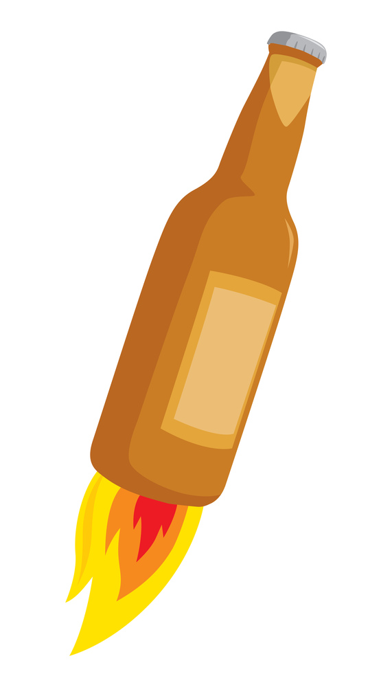 Cartoon illustration of beer bottle blasting off in flames