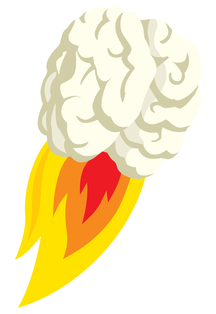 Cartoon illustration of flying brain blasting off in flaming thrust