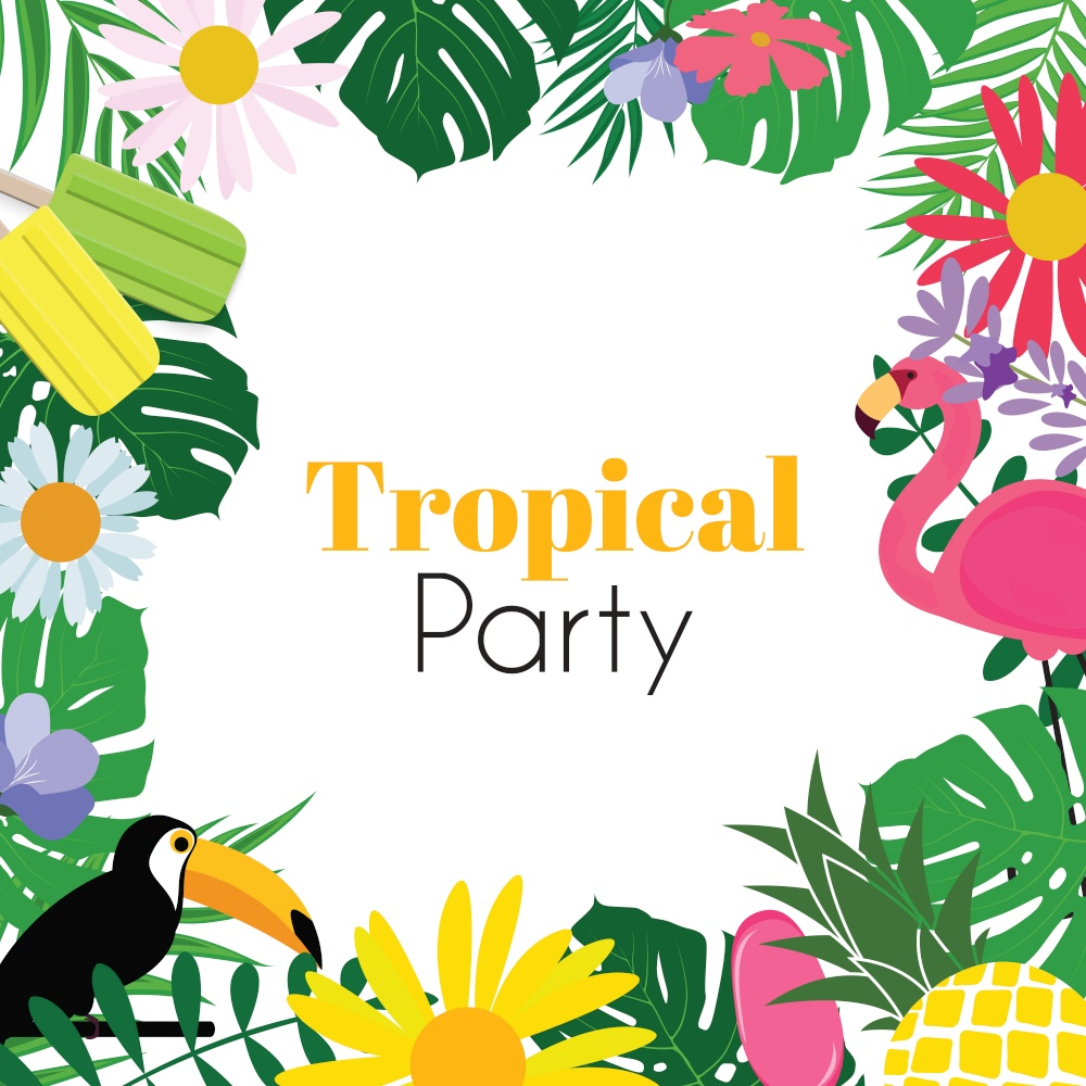 Abstract Tropical Party Background with Palm Leaves, Flamingo, flowers and toucan. Vector Illustration EPS10. Abstract Tropical Party Background with Palm Leaves, Flamingo, flowers and toucan. Vector Illustration