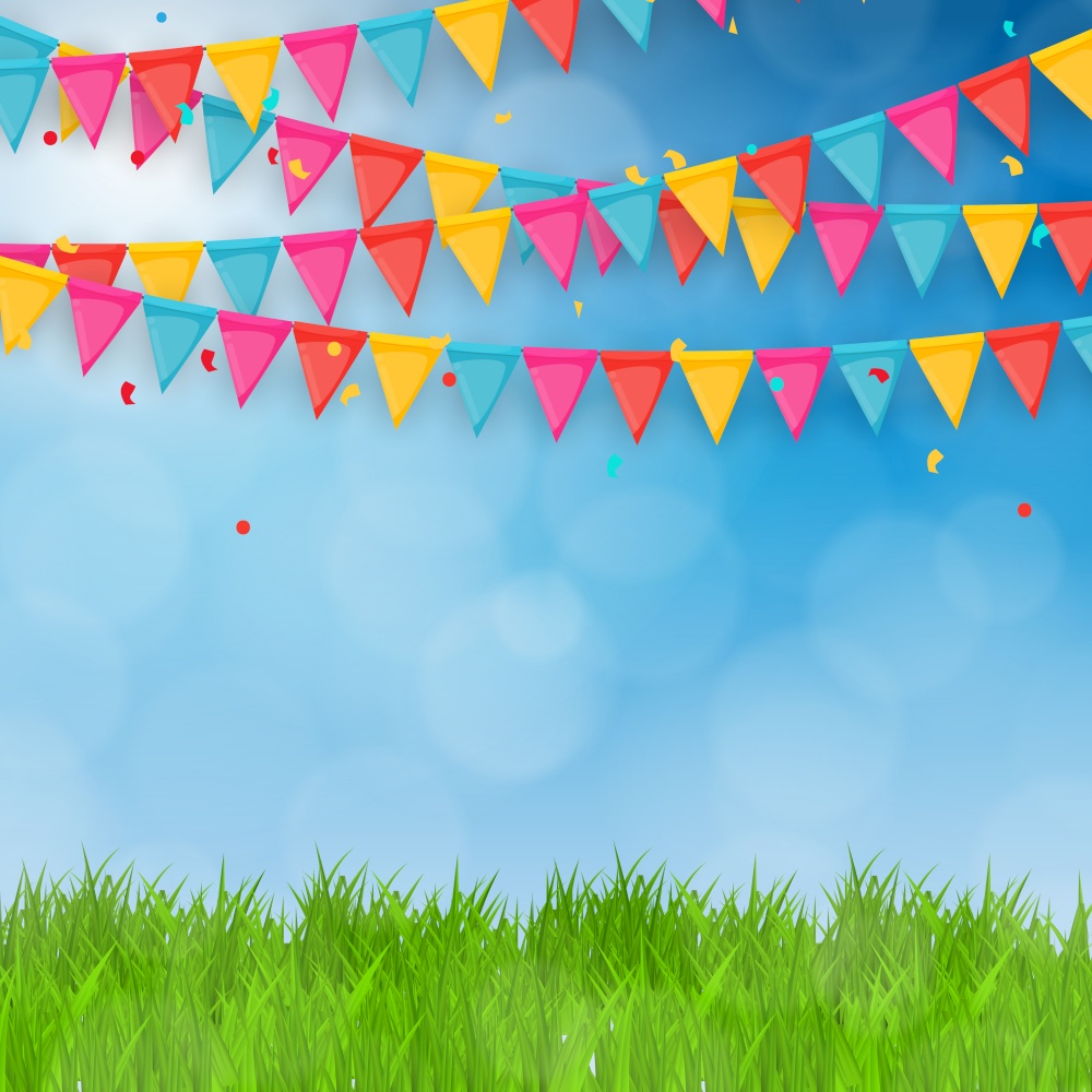 Green Grass Field and Blue Sky Background with Holiday Flags. Vector Illustration. EPS10. Green Grass Field and Blue Sky Background with Holiday Flags. Vector Illustration