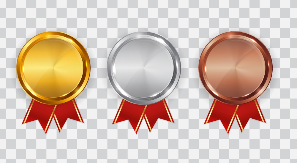 Gold, silver and bronze medal. Badge of the icon First, second and third place. Vector Illustration EPS10. Gold, silver and bronze medal. Badge of the icon First, second and third place. Vector Illustration