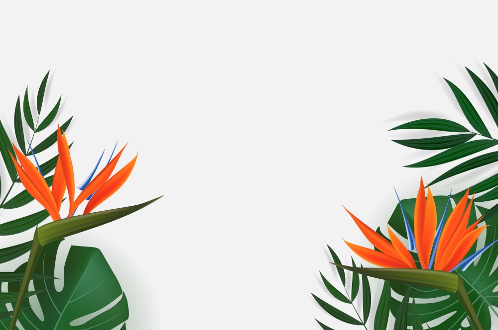 Natural Realistic Green Palm Leaf with Strelitzia Flower Tropical Background. Vector illustration. Natural Realistic Green Palm Leaf with Strelitzia Flower Tropical Background. Vector illustration EPS10