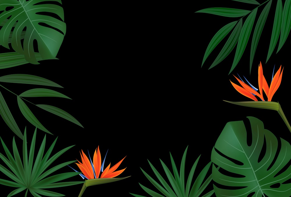 Natural Realistic Green Palm Leaf with Strelitzia Flower Tropical Background. Vector illustration. Natural Realistic Green Palm Leaf with Strelitzia Flower Tropical Background. Vector illustration EPS10