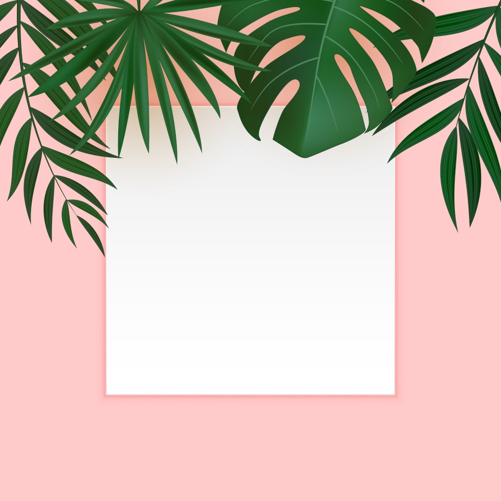 Natural Realistic Green and Gold Palm Leaf Tropical Background with Blank White Frame. Vector illustration. Natural Realistic Green and Gold Palm Leaf Tropical Background with Blank White Frame. Vector illustration EPS10