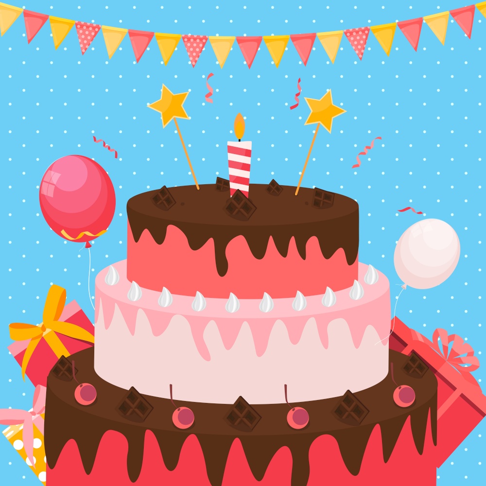 Cute Happy Birthday Background with Gift Box, Cake and Candles. Design Element for Party Invitation, Congratulation. Vector Illustration. Cute Happy Birthday Background with Gift Box, Cake and Candles. Design Element for Party Invitation, Congratulation. Vector Illustration EPS10