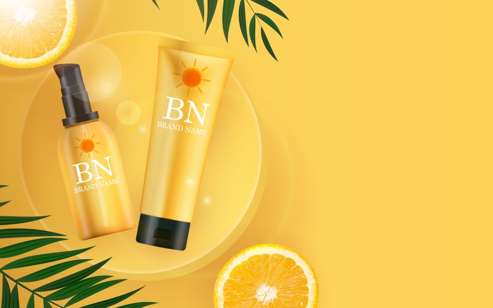 3D Realistic sun Protection Cream Bottle on Sunny Yellow Background with palm leaves and orange. Design Template of Fashion Cosmetics Product. Vector Illustration EPS10. 3D Realistic sun Protection Cream Bottle on Sunny Yellow Background with palm leaves and orange. Design Template of Fashion Cosmetics Product. Vector Illustration