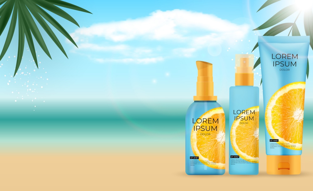 3D Realistic sun Protection citrus Cream Bottle Background with palm leaves, sea and orange. Design Template of Fashion Cosmetics Product. Vector Illustration EPS10. 3D Realistic sun Protection citrus Cream Bottle Background with palm leaves, sea and orange. Design Template of Fashion Cosmetics Product. Vector Illustration