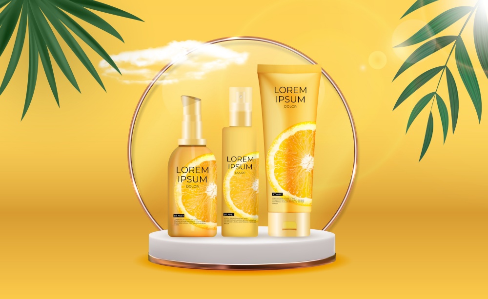 Set of 3D Realistic Cream Bottles on Sunny Yellow Background with palm leaves.Design Template of Fashion Cosmetics Product for Ads. Vector Iillustration. EPS10. Set of 3D Realistic Cream Bottles on Sunny Yellow Background with palm leaves.Design Template of Fashion Cosmetics Product for Ads. Vector Iillustration