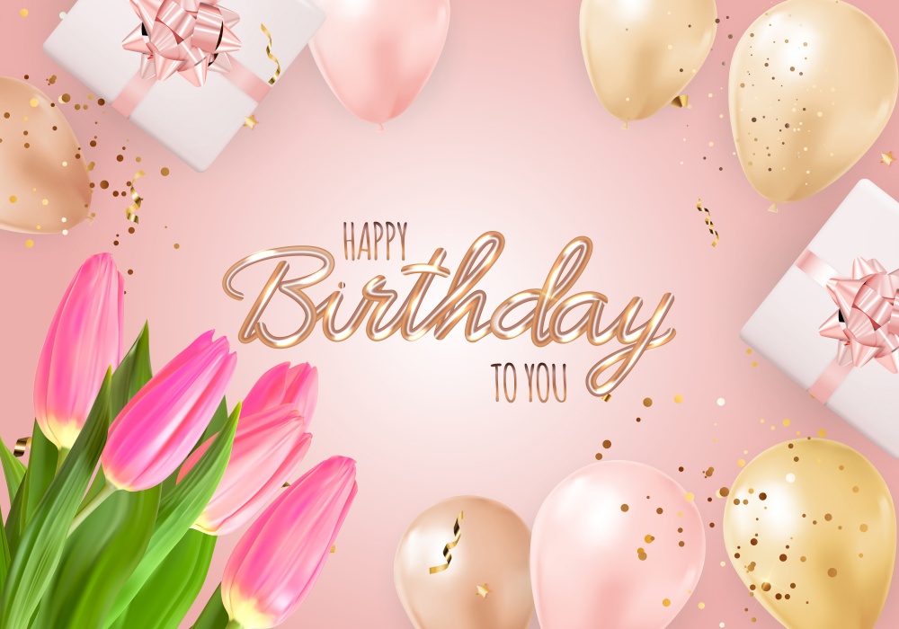 Happy Party Birthday Background with Realistic Balloons, Tulips, gift box and confetti. Vector Illustration EPS10. Happy Party Birthday Background with Realistic Balloons, Tulips, gift box and confetti. Vector Illustration