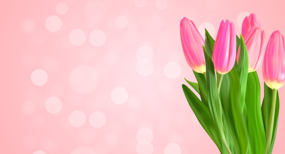 Realistic Natural Pink Tulips Flower Background with Nokeh Light. Vector Illustration EPS10. Realistic Natural Pink Tulips Flower Background with Nokeh Light. Vector Illustration