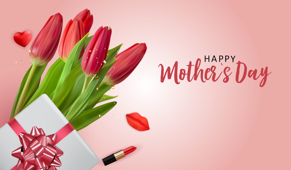 Happy Mothers Day Background with Realistic Tulip flowers and gift box. Vector Illustration EPS10. Happy Mothers Day Background with Realistic Tulip flowers and gift box. Vector Illustration