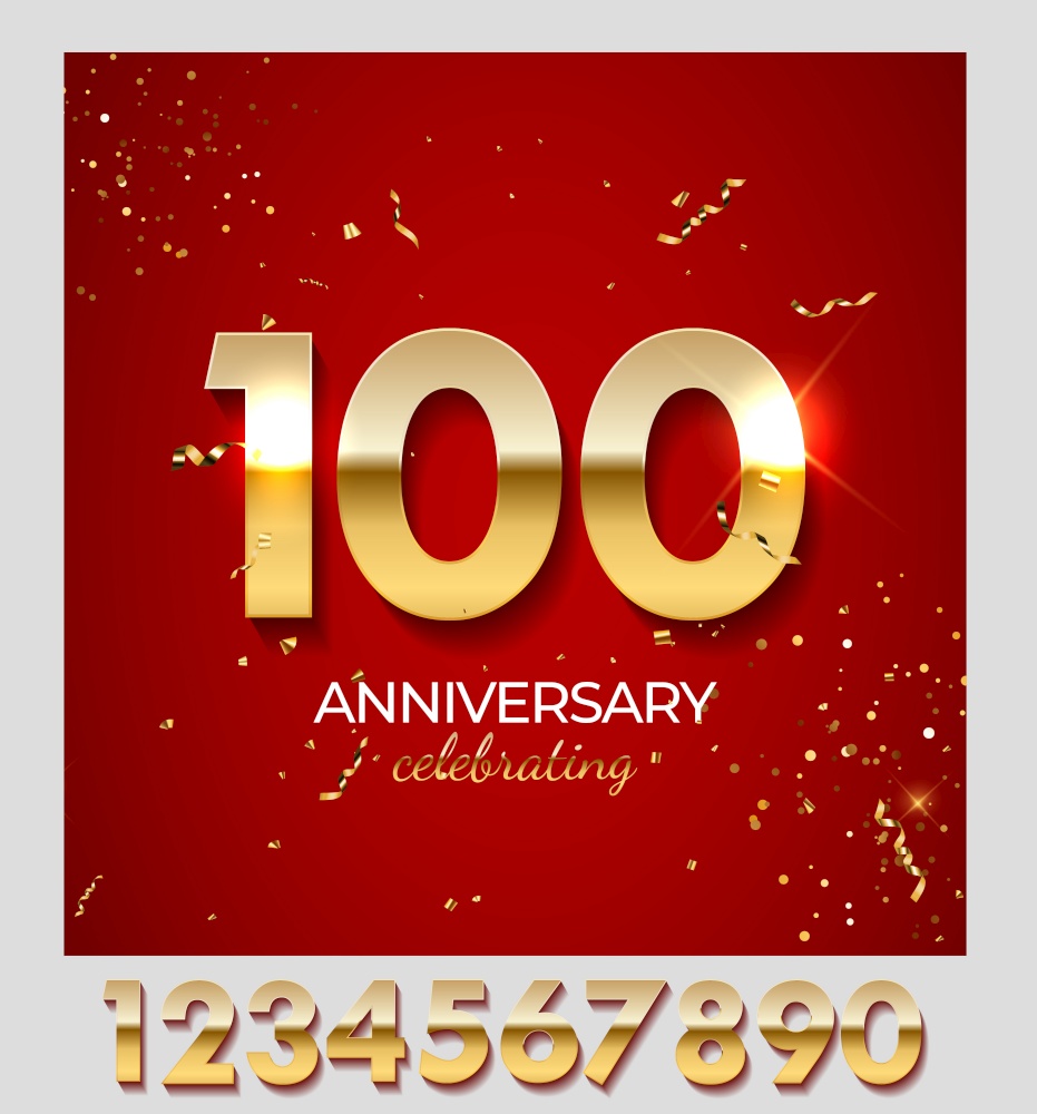 Anniversary celebration decoration. Golden number 100 with confetti, glitters and streamer ribbons on red background. Vector illustration EPS10. Anniversary celebration decoration. Golden number 100 with confetti, glitters and streamer ribbons on red background. Vector illustration