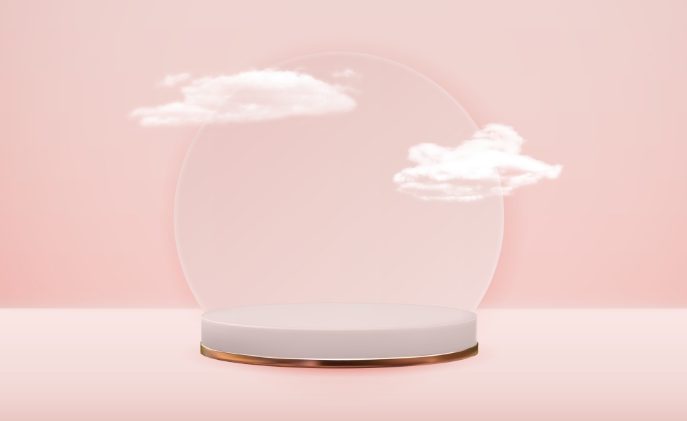 Realistic 3d pedestal pink cloudy background. Trendy empty podium display for cosmetic product presentation, fashion magazine. Vector illustration EPS10. Realistic 3d pedestal pink cloudy background. Trendy empty podium display for cosmetic product presentation, fashion magazine. Vector illustration