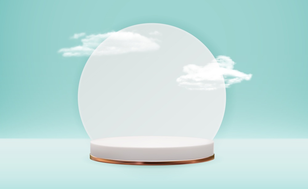 Realistic 3d pedestal cloudy background. Trendy empty podium display for cosmetic product presentation, fashion magazine. Copy space vector illustration EPS10. Realistic 3d pedestal cloudy background. Trendy empty podium display for cosmetic product presentation, fashion magazine. Copy space vector illustration