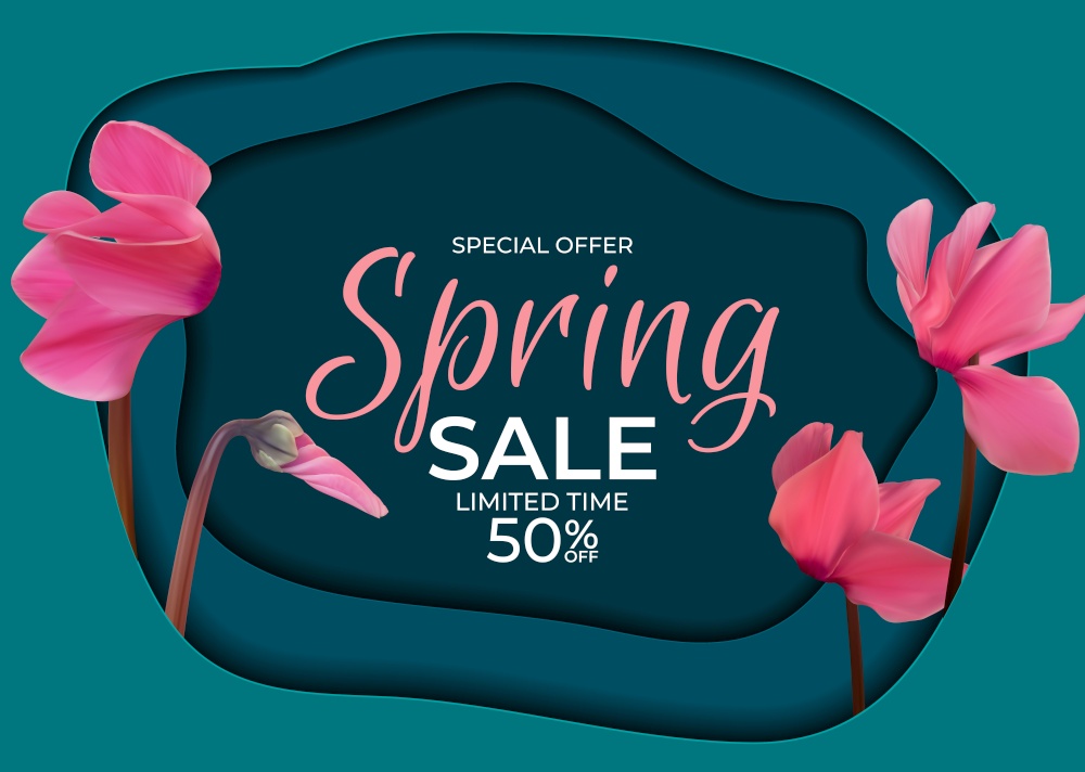 Spring Special Offer Sale Background Poster Natural Cyclamen Flowers and Leaves Template. Vector Illustration EPS10. Spring Special Offer Sale Background Poster Natural Cyclamen Flowers and Leaves Template. Vector Illustration