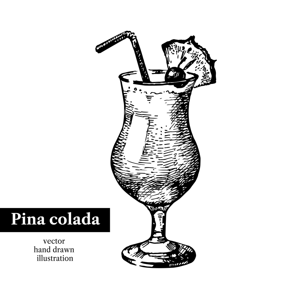 Hand drawn sketch cocktail pina colada vintage isolated object. Vector illustration