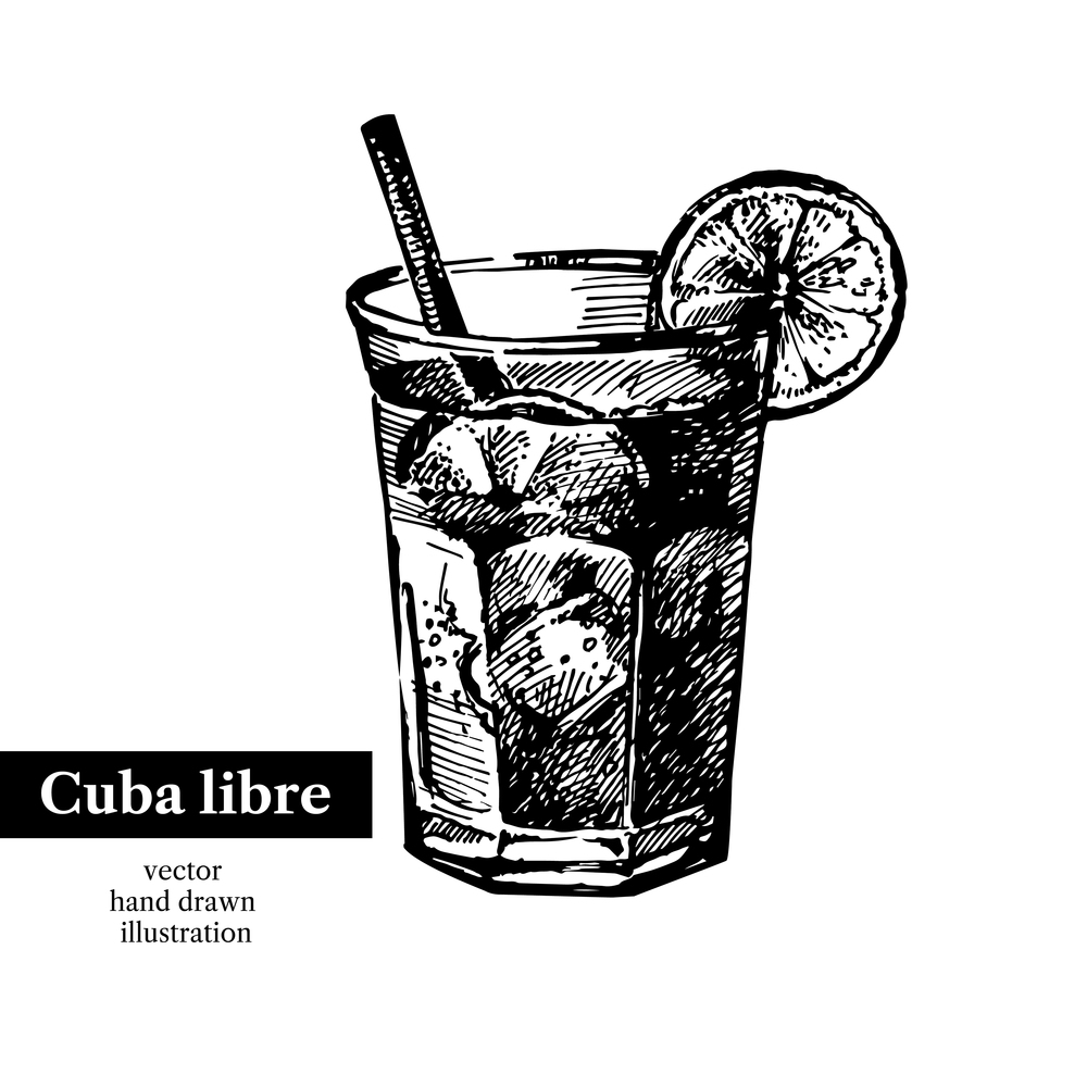 Hand drawn sketch cocktail cuba libre vintage isolated object. Vector illustration