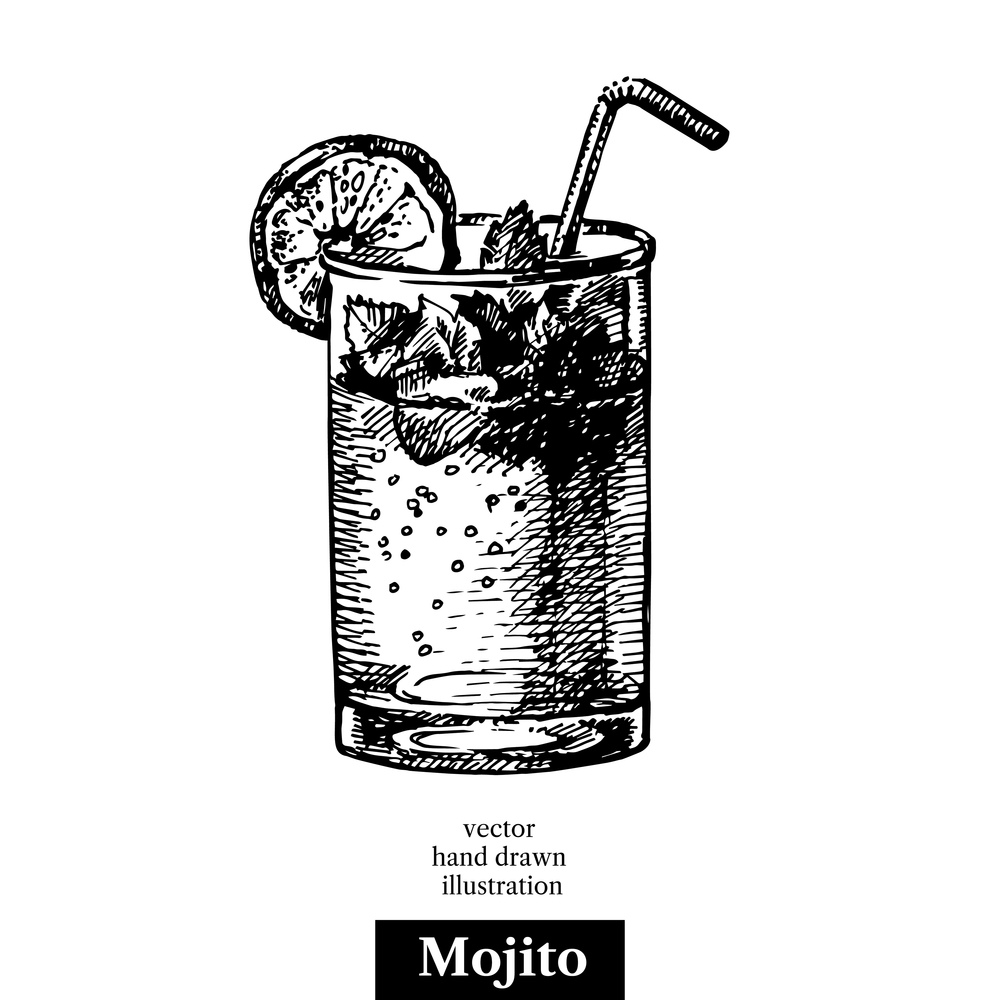 Hand drawn sketch cocktail mojito vintage isolated object. Vector illustration