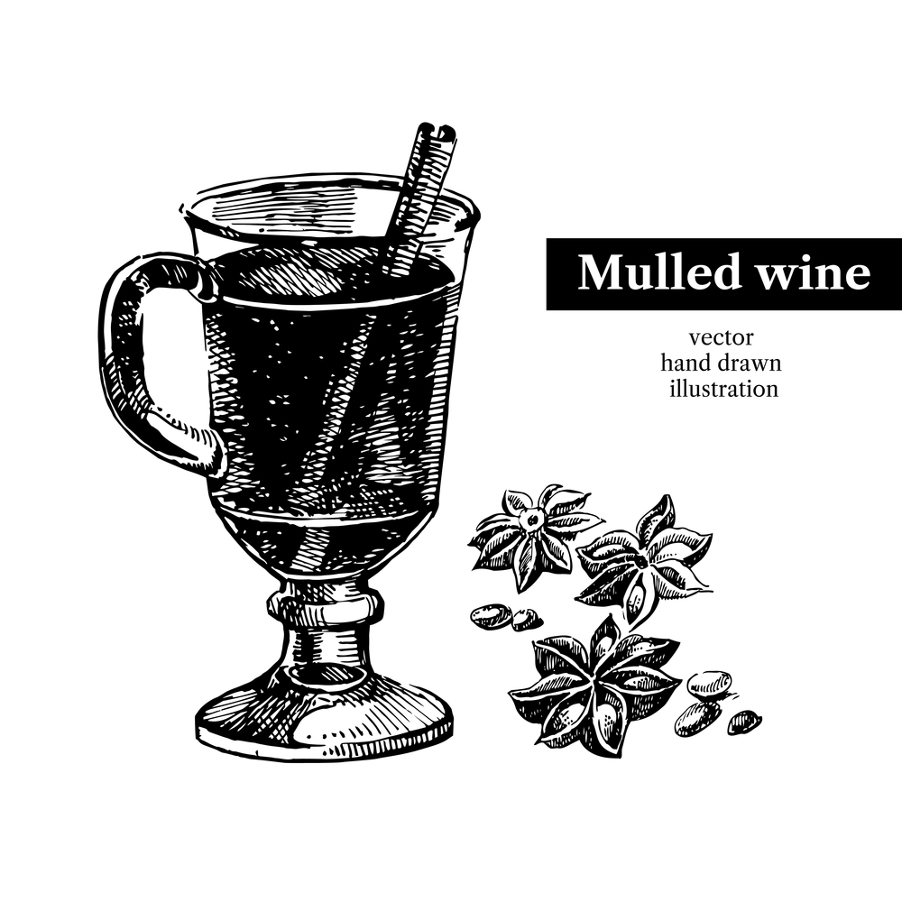 Hand drawn sketch cocktail mulled wine vintage isolated object. Vector illustration
