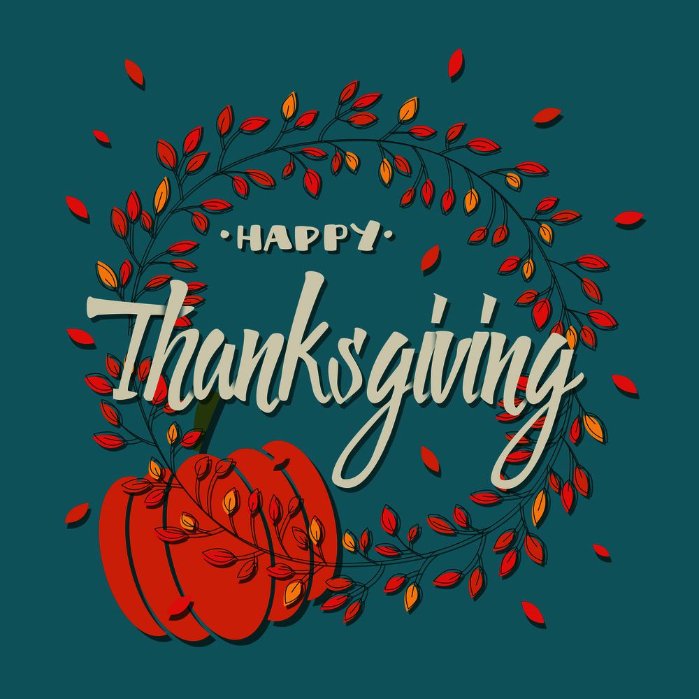 Happy Thanksgiving day card with decorative elements, floral wreath and pumpkin, colorful design, vector illustration