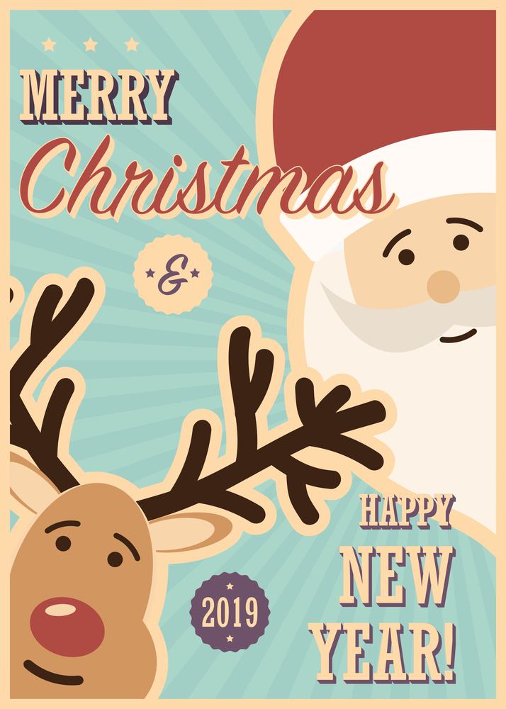 Merry Christmas card with Santa Claus and reindeer, vector illustration