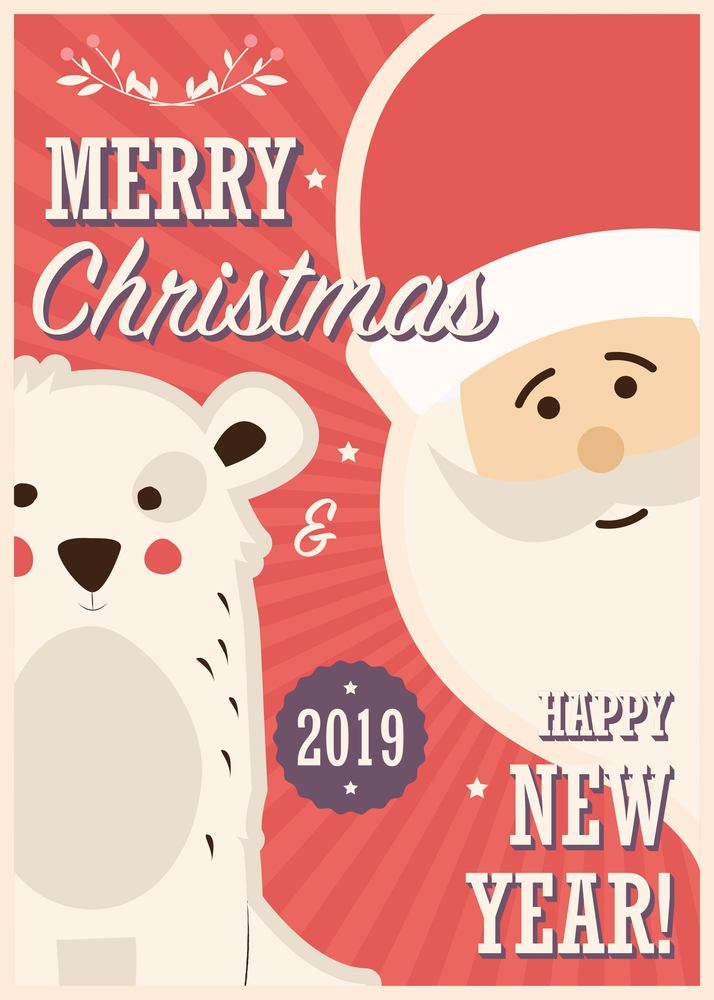 Merry Christmas card with Santa Claus and white bear, vector illustration
