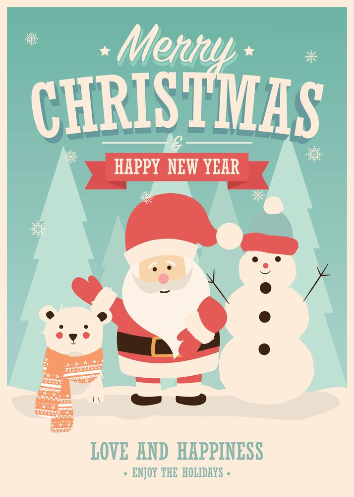 Merry Christmas card with Santa Claus, snowman and reindeer, winter landscape, vector illustration
