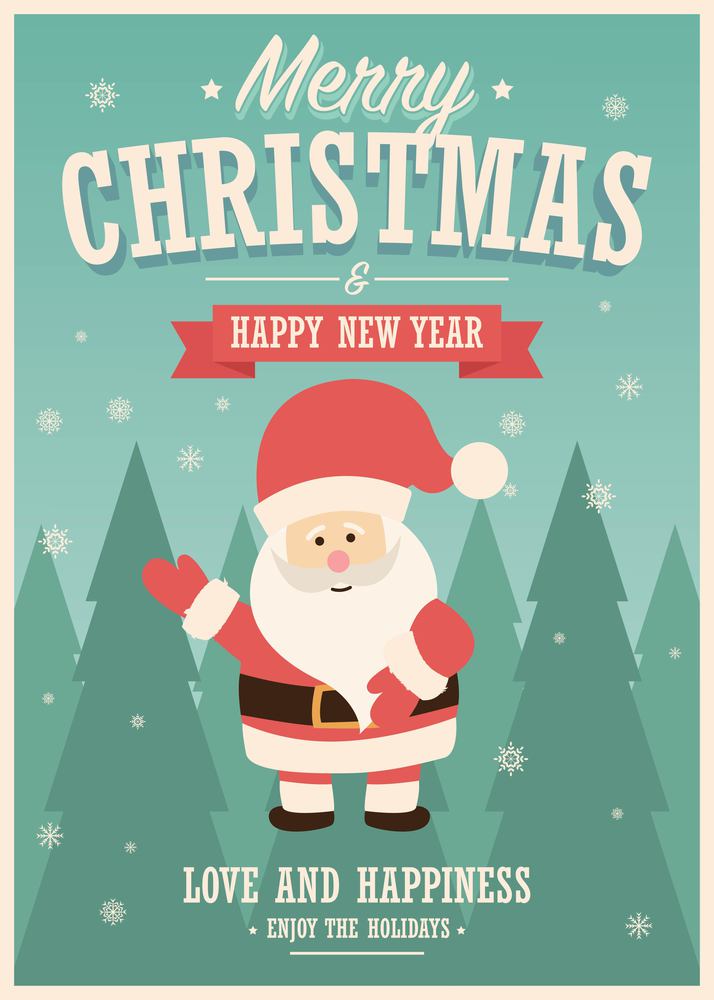 Merry Christmas card with Santa Claus on winter landscape background, vector illustration