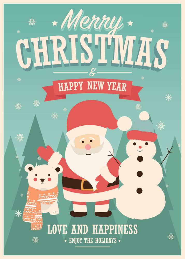Merry Christmas card with Santa Claus, snowman and reindeer, winter landscape, vector illustration