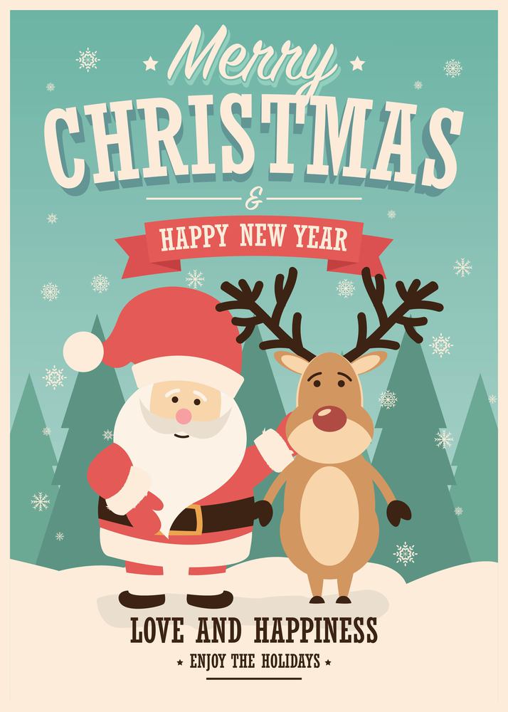 Merry Christmas card with Santa Claus and reindeer on winter background, vector illustration