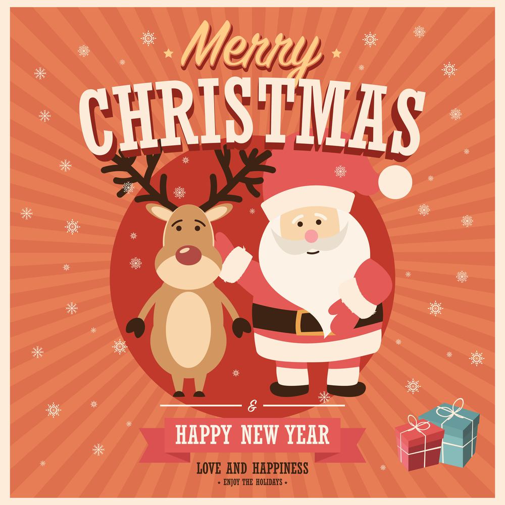 Merry Christmas card with Santa Claus and reindeer with gift boxes, vector illustration