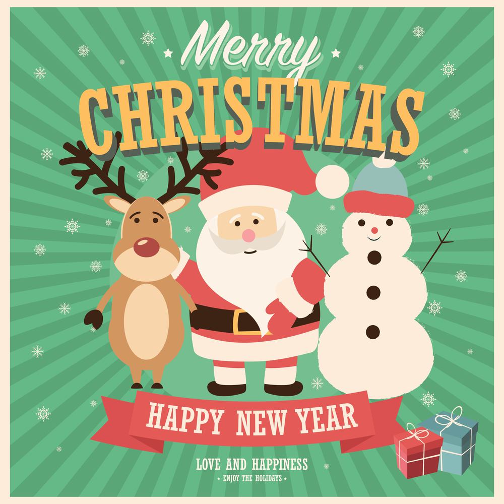 Merry Christmas card with Santa Claus, snowman and reindeer with gift boxes, vector illustration