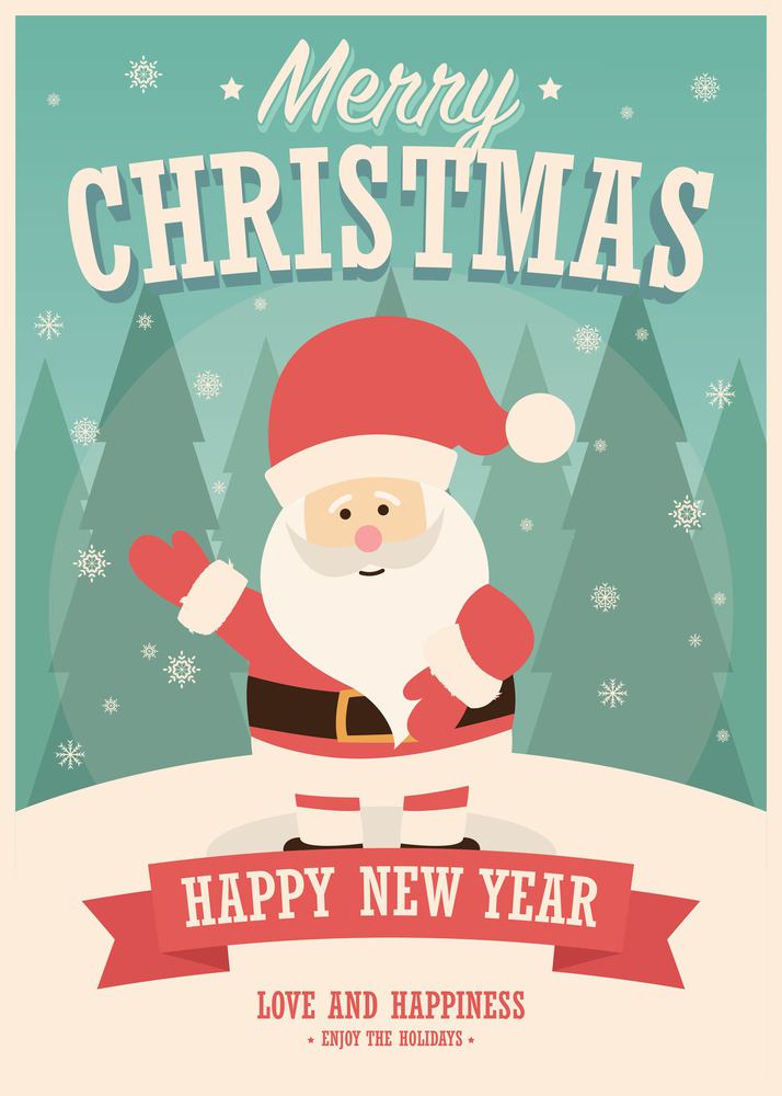Merry Christmas card with Santa Claus on winter background, vector illustration