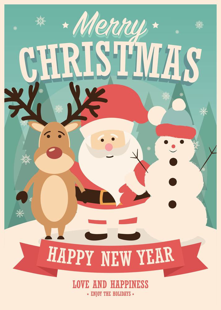 Merry Christmas card with Santa Claus, reindeer and snowman on winter background, vector illustration