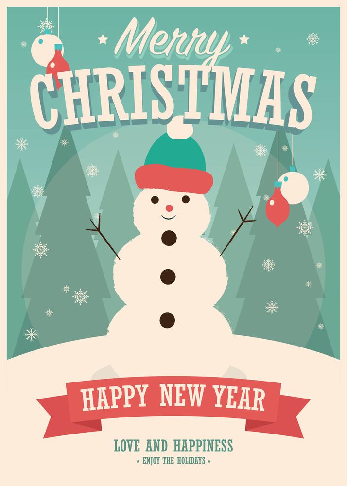 Merry Christmas card with snowman on winter background, vector illustration