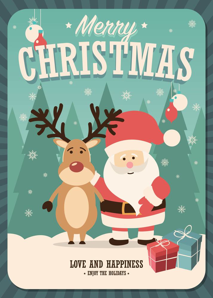 Merry Christmas card with Santa Claus and reindeer and gift boxes on winter background, vector illustration