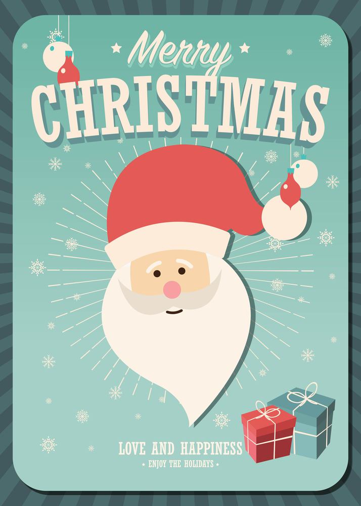 Merry Christmas card with Santa Claus and gift boxes on winter background, vector illustration