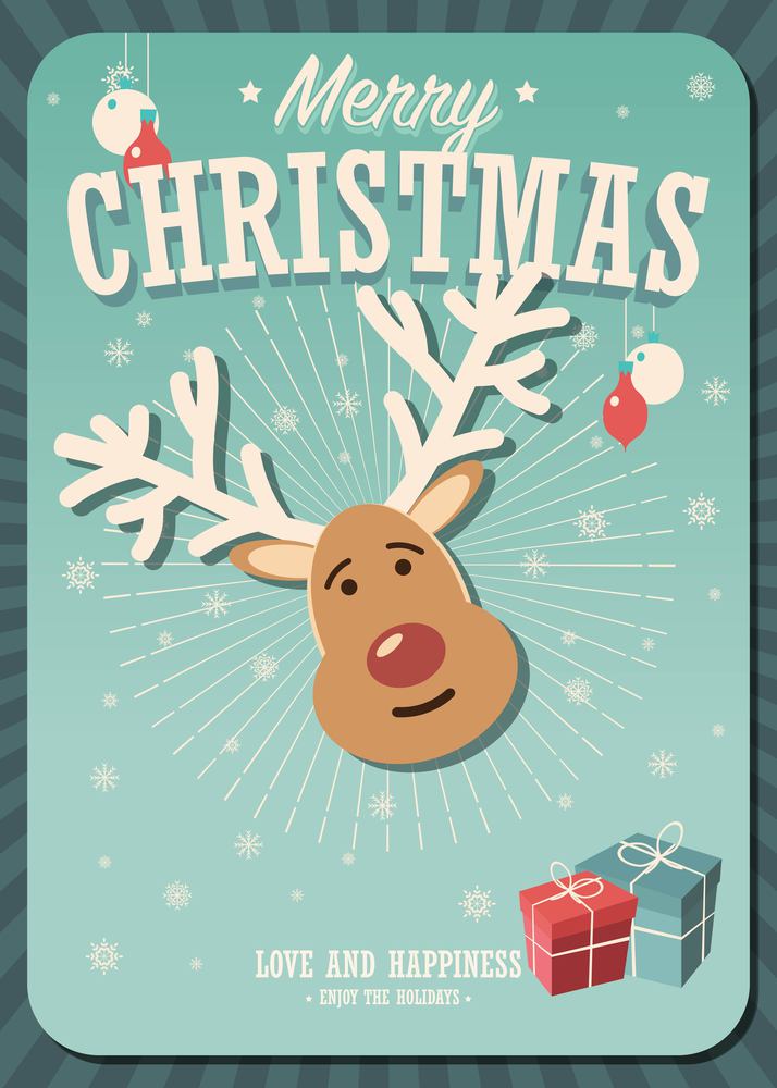 Merry Christmas card with reindeer and gift boxes on winter background, vector illustration