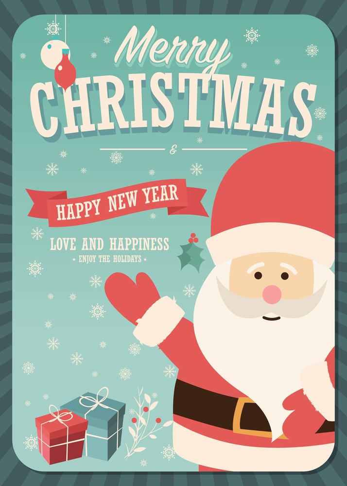 Merry Christmas card with Santa Claus and gift boxes on winter background, vector illustration