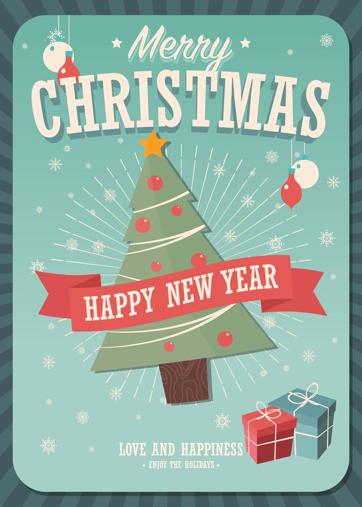 Merry Christmas card with christmas tree and gift boxes on winter background, vector illustration
