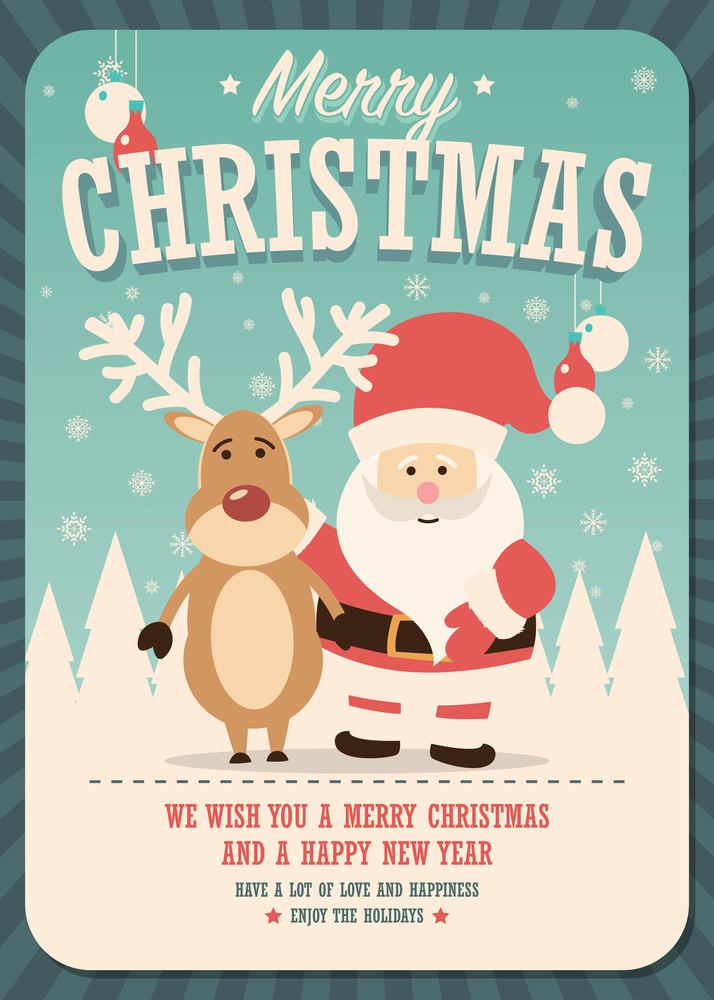 Merry Christmas card with Santa Claus and reindeer on winter background, vector illustration