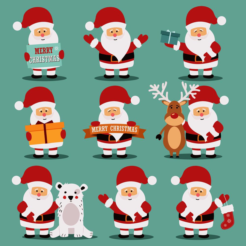 Collection of cute Santa Claus characters with reindeer, bear and gifts, vector illustration