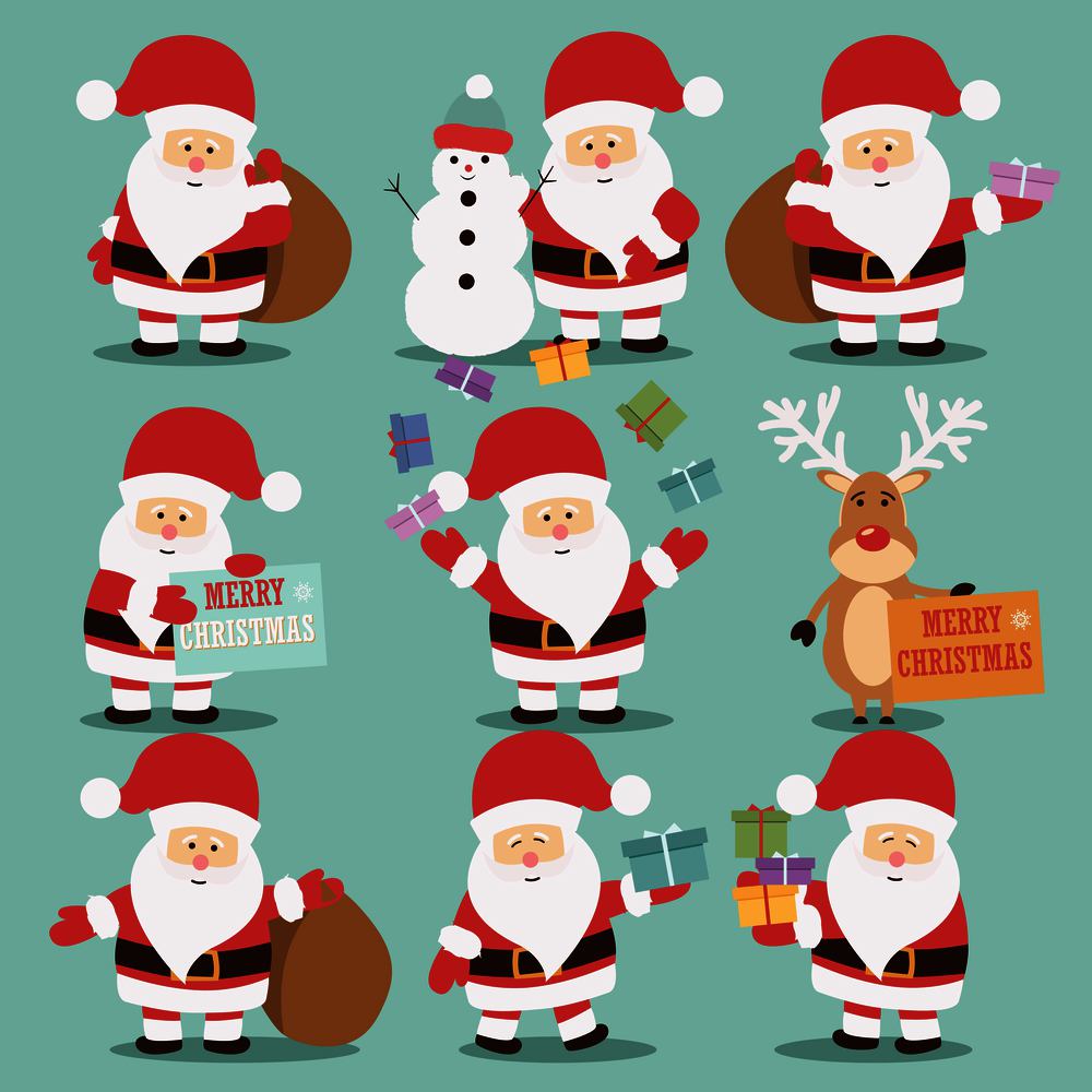 Collection of cute Santa Claus characters with reindeer, snowman and gifts, vector illustration