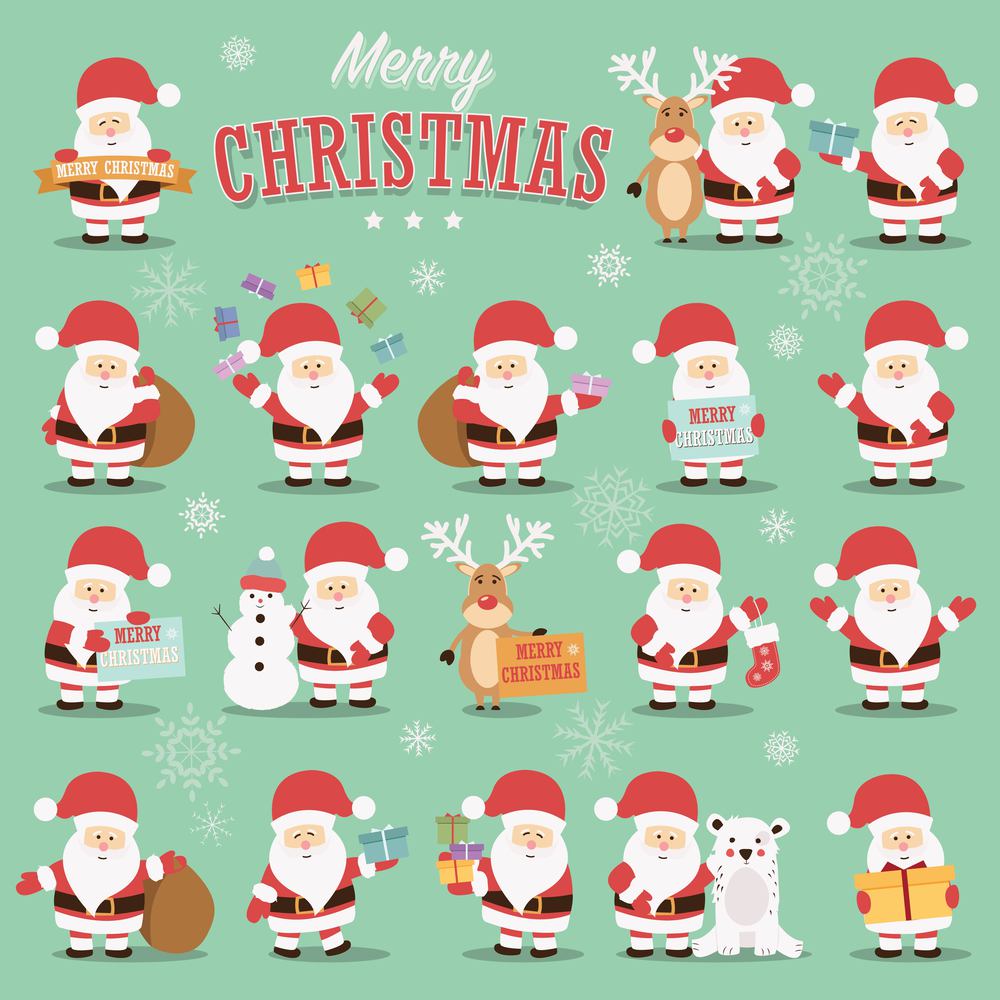 Collection of cute Santa Claus characters with reindeer, bear, snowman and gifts, vector illustration