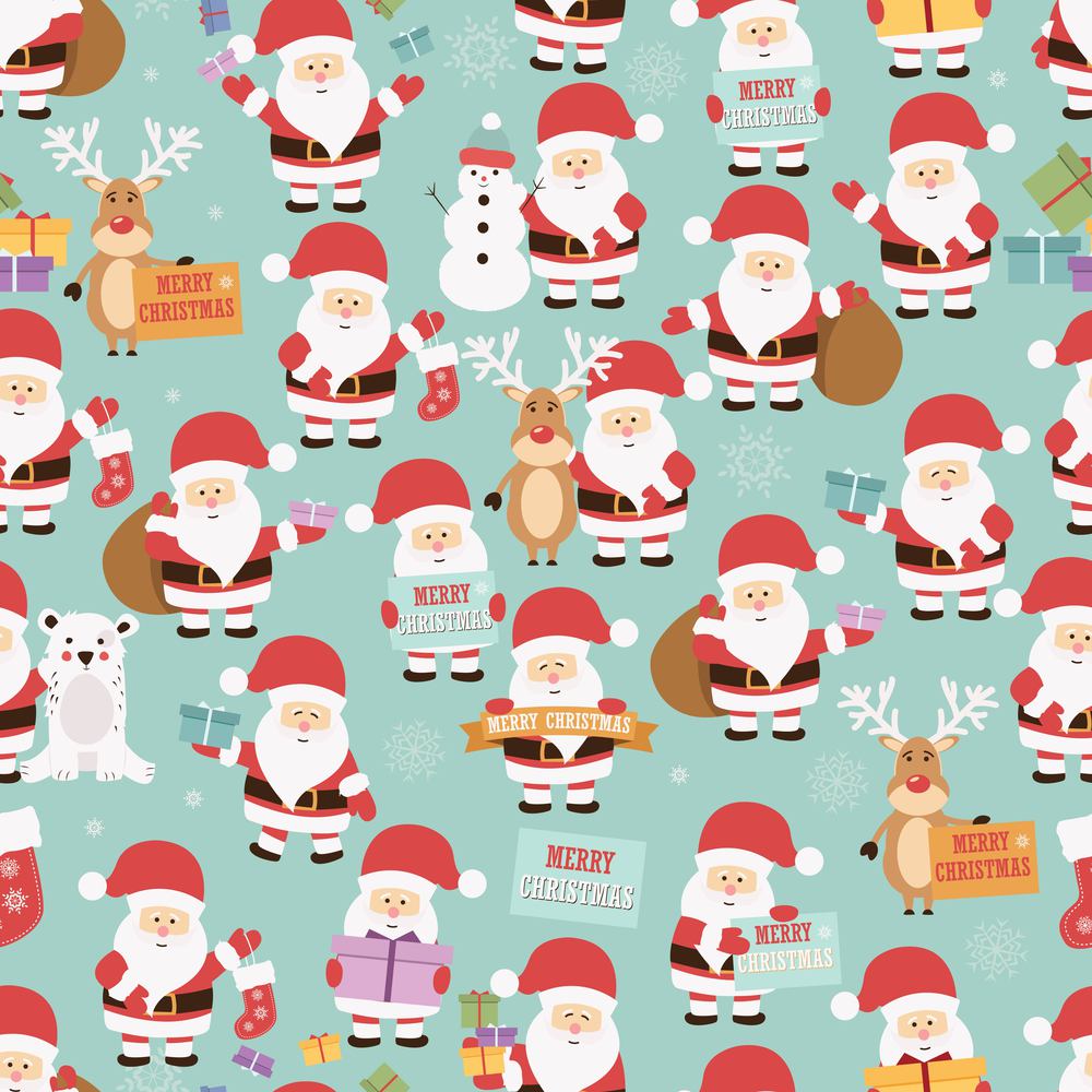 Christmas seamless pattern with santa claus, reindeer, bear and gifts, vector illustration
