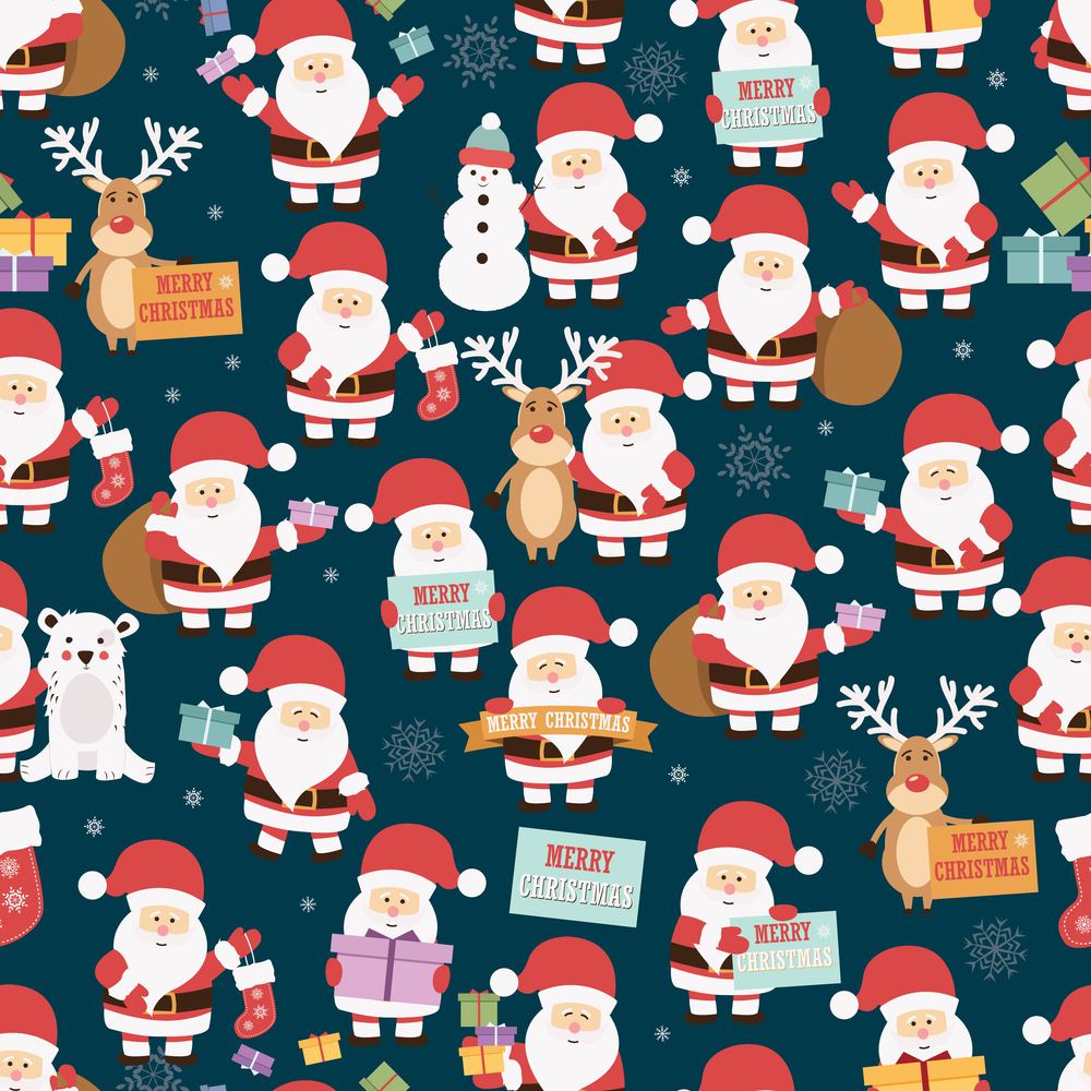 Christmas seamless pattern with santa claus, reindeer, bear and gifts, vector illustration