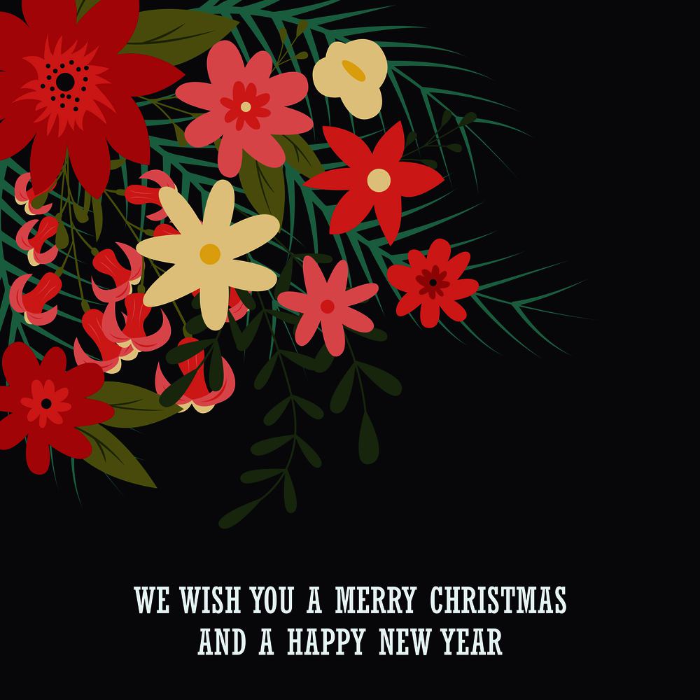 Typographic Merry Christmas card with floral decorative elements, vector illustration